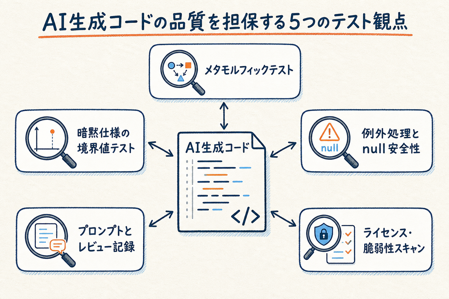 AI生成コードを中心に5つのテスト観点を放射状に配置した図解