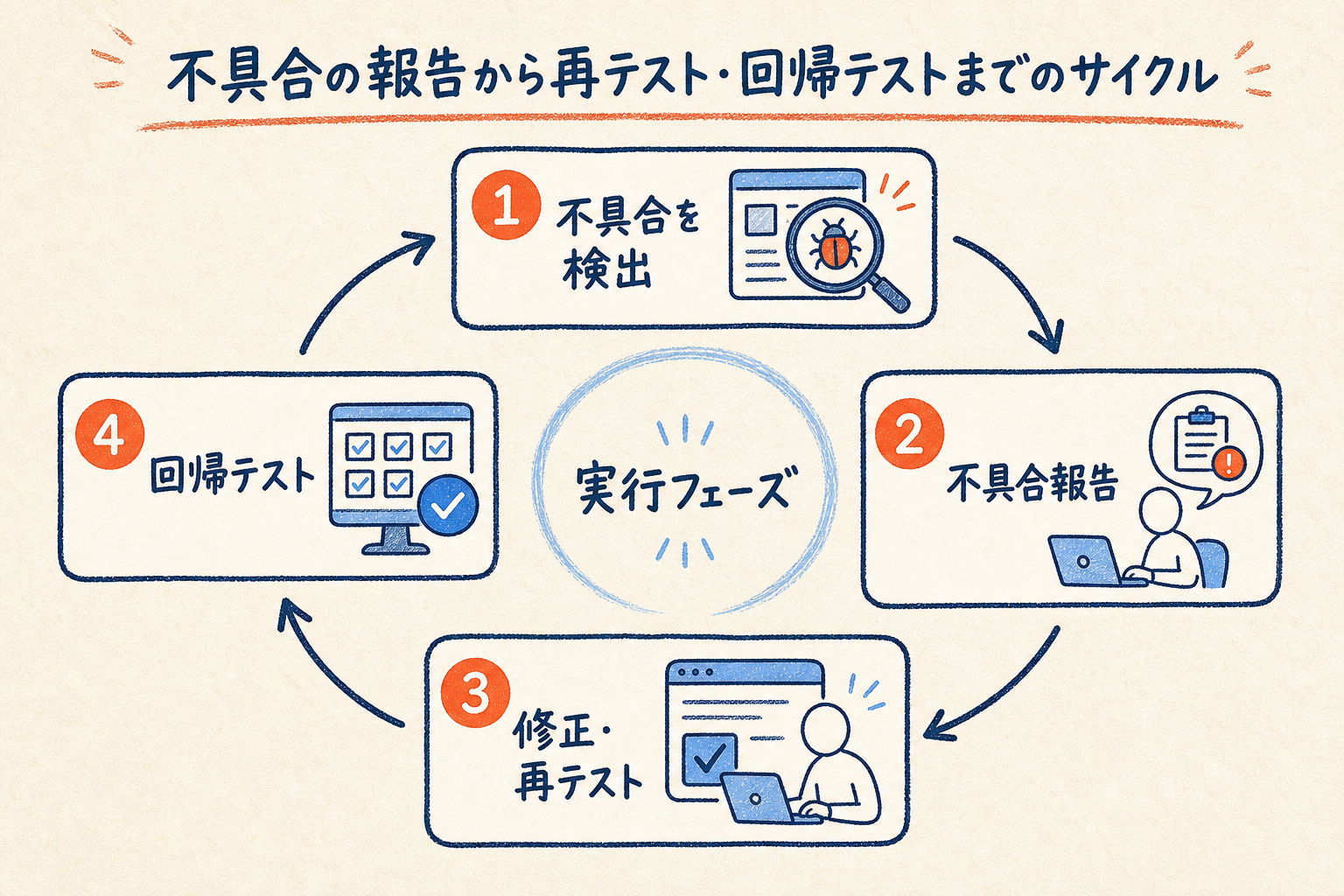 不具合の検出から報告・修正再テスト・回帰テストまでの実行フェーズのサイクルを示した図解