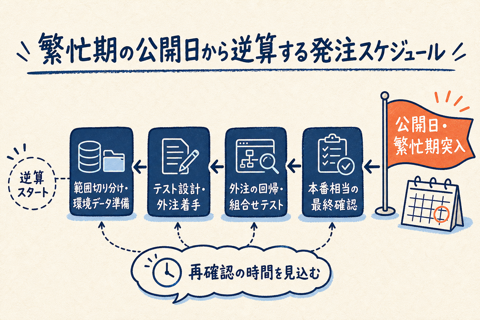 繁忙期の公開日を起点に、本番相当の最終確認・外注の回帰組合せテスト・テスト設計と外注着手・範囲切り分けと環境データ準備を逆算して並べた発注スケジュールのプロセス図