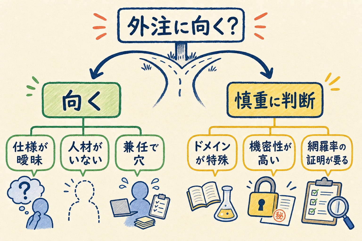 仕様が曖昧・人材がいない・兼任で穴がある案件は外注に向き、ドメインが特殊・機密性が高い・網羅率の証明が要る案件は慎重に判断すべきという分岐を示すフロー図