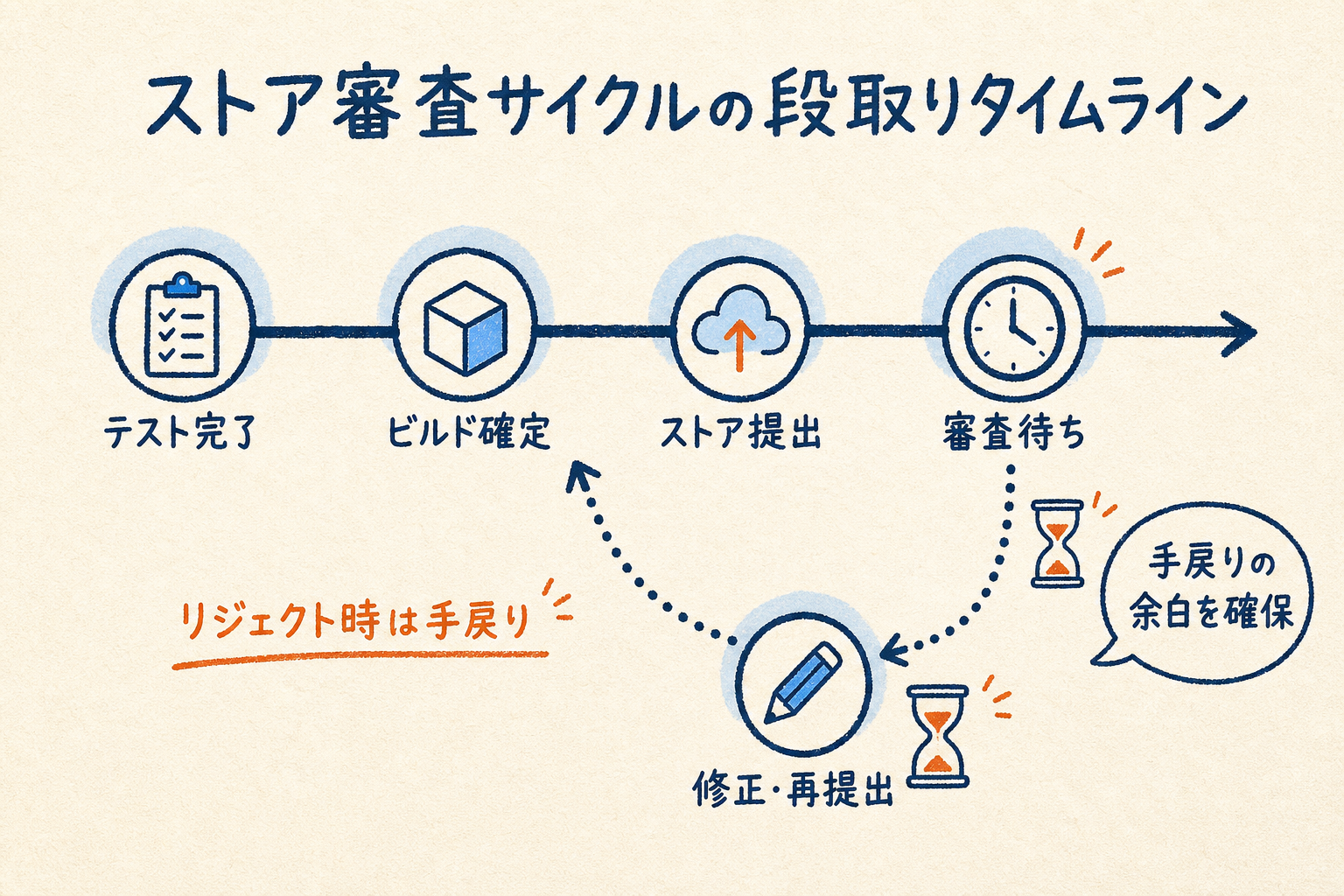 ストア審査サイクルの段取りタイムライン。テスト完了・ビルド確定・ストア提出・審査待ちと進み、リジェクト時は修正・再提出へ手戻りする流れと、手戻りの余白を確保する必要性を示す図