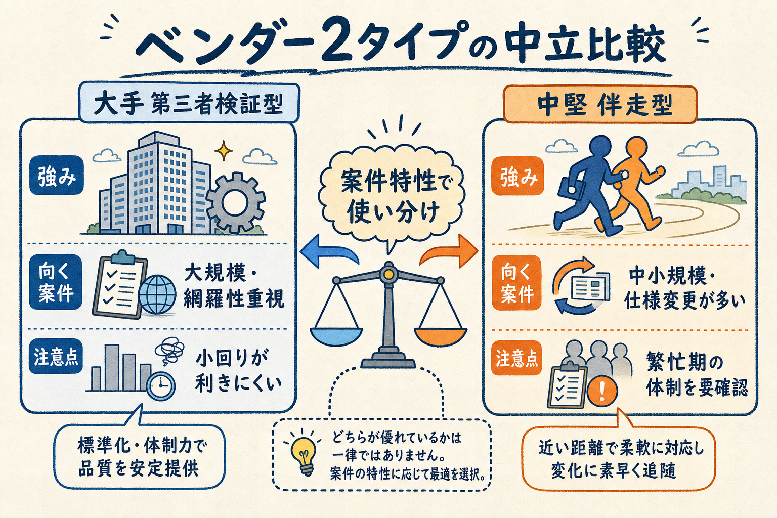 大手第三者検証型と中堅伴走型のベンダー2タイプを左右で対比した図解