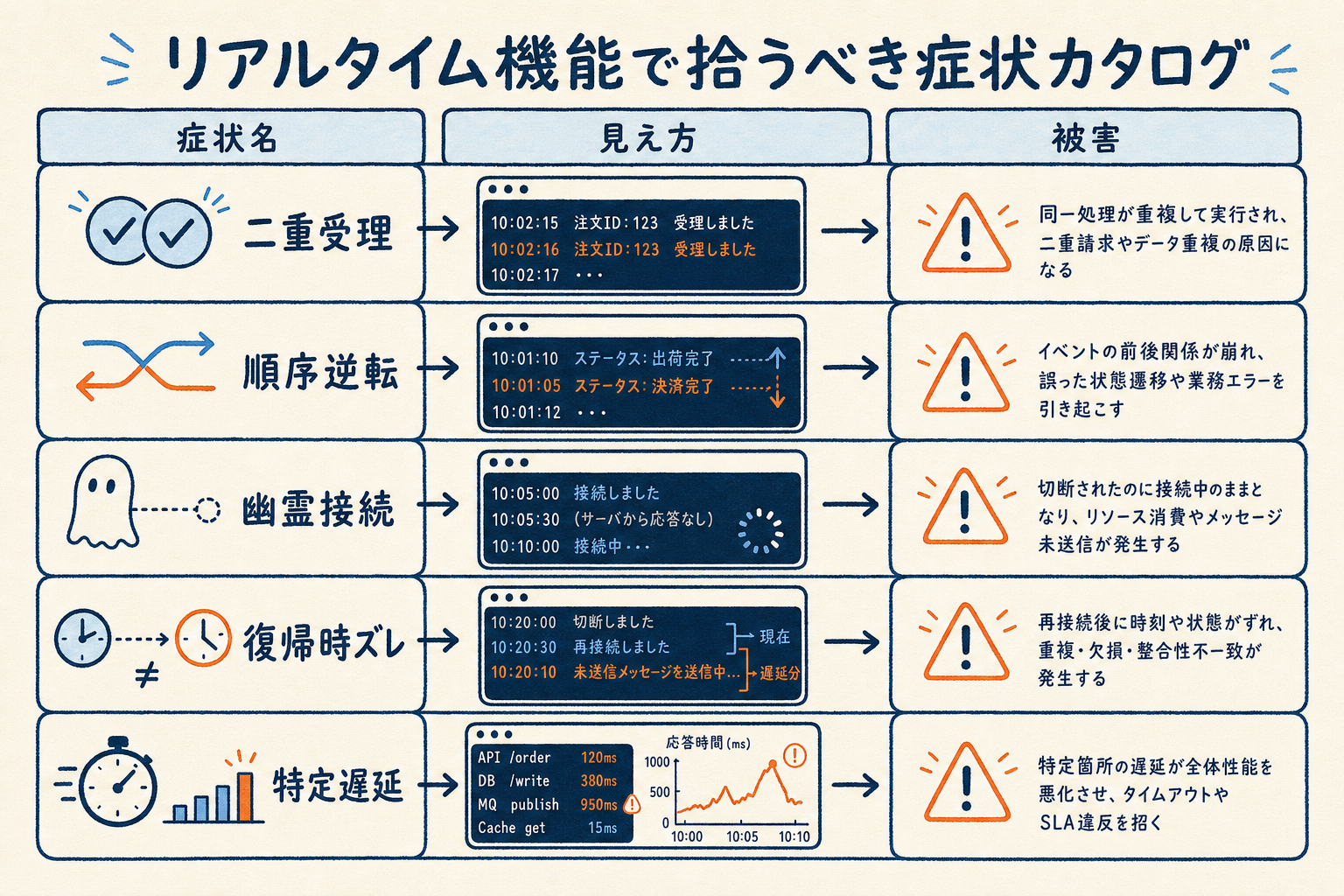 リアルタイムシステムで発生する主な症状と、ユーザーからの見え方、業務被害の対応関係を並べた症状カタログ図解