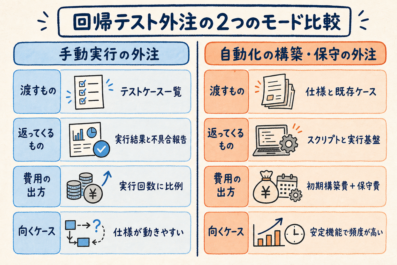 手動実行の外注と自動化の構築・保守の外注で、渡すもの・返ってくるもの・費用の出方・向くケースを左右で対比した比較図