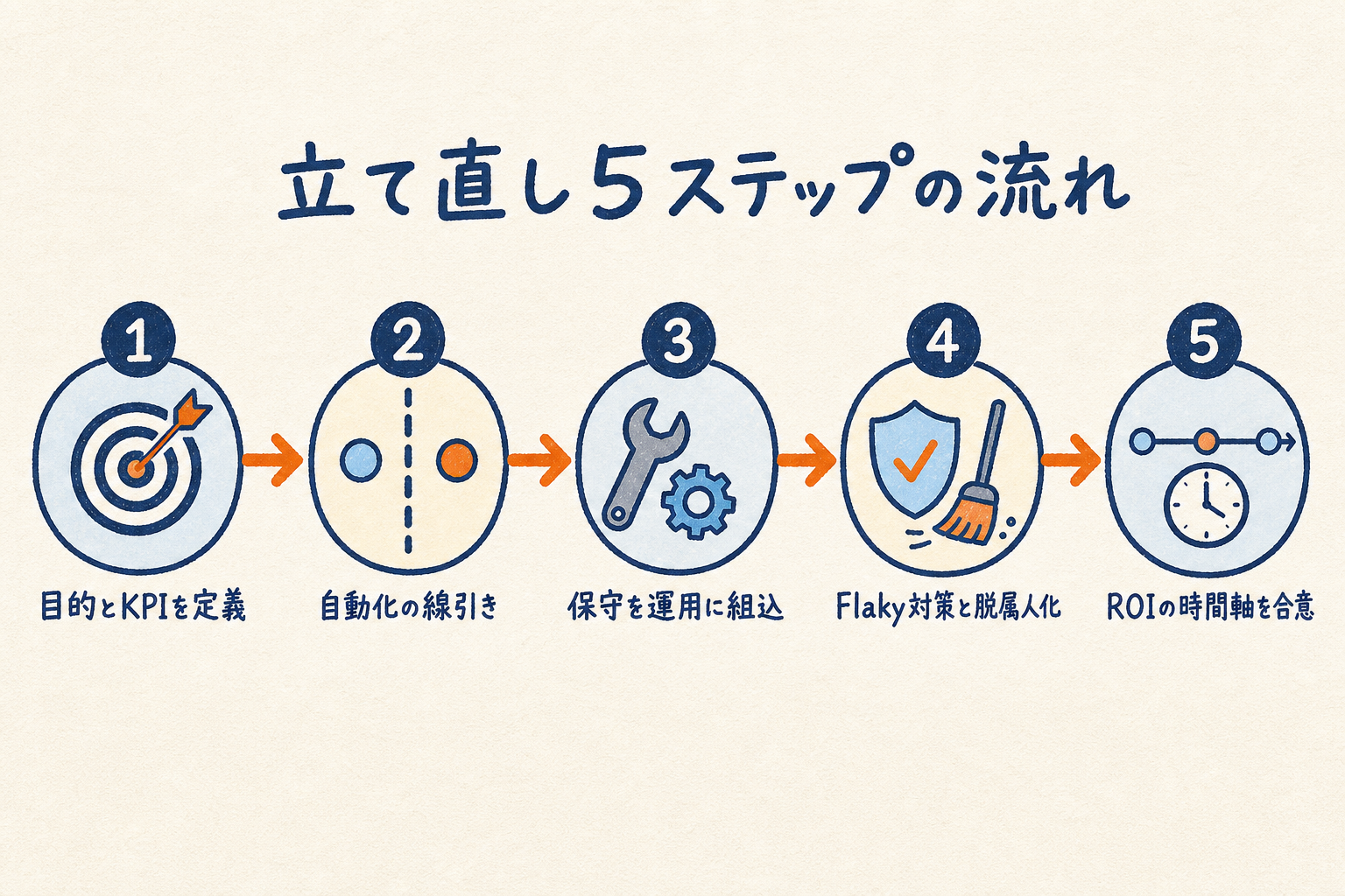 目的とKPIの定義・自動化の線引き・保守を運用に組込・Flaky対策と脱属人化・ROIの時間軸合意という立て直し5ステップの流れを左から右へ示した図