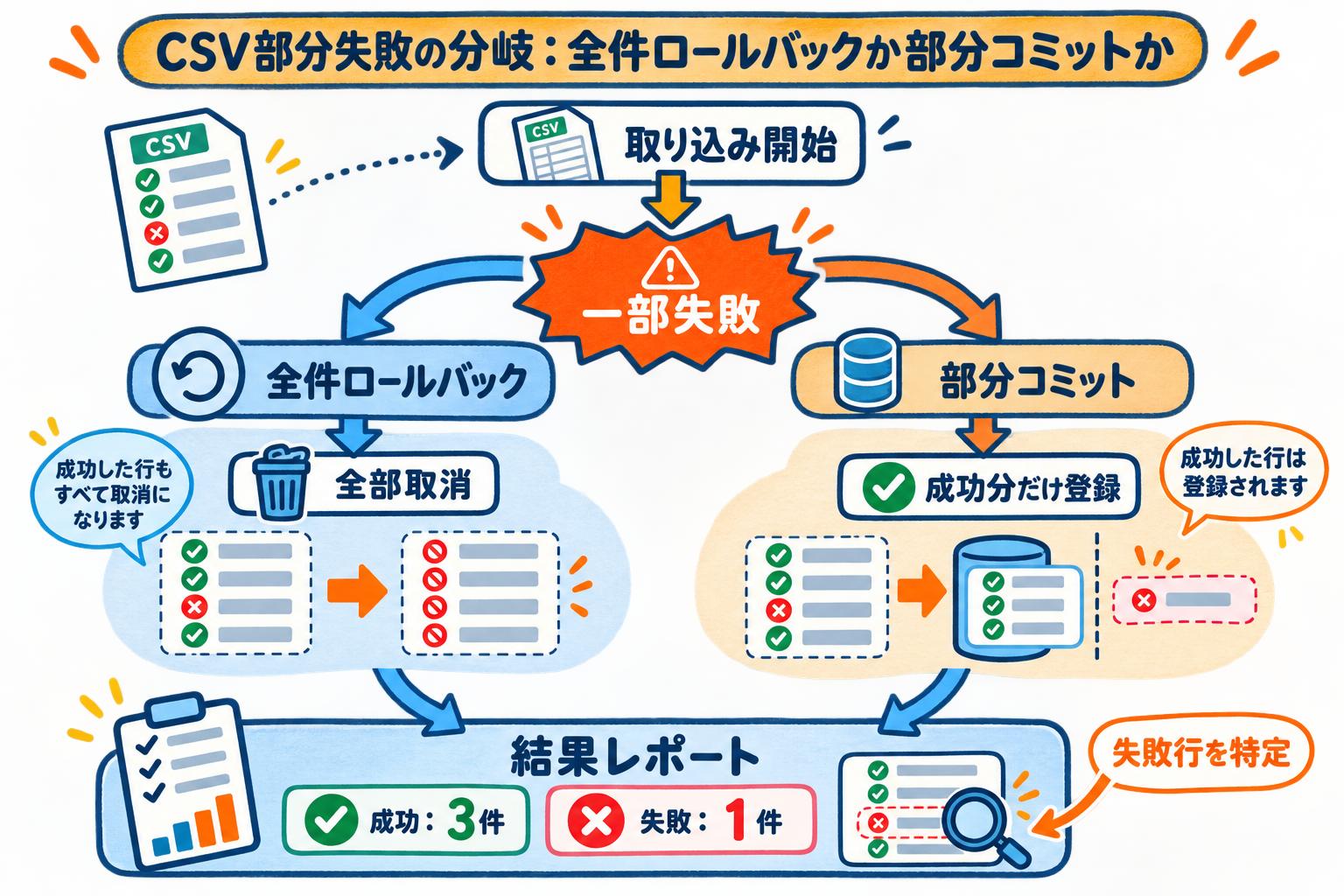 CSV取り込みの一部失敗時の分岐フロー。全件ロールバックと部分コミットの2ルートを結果レポートで対比する図