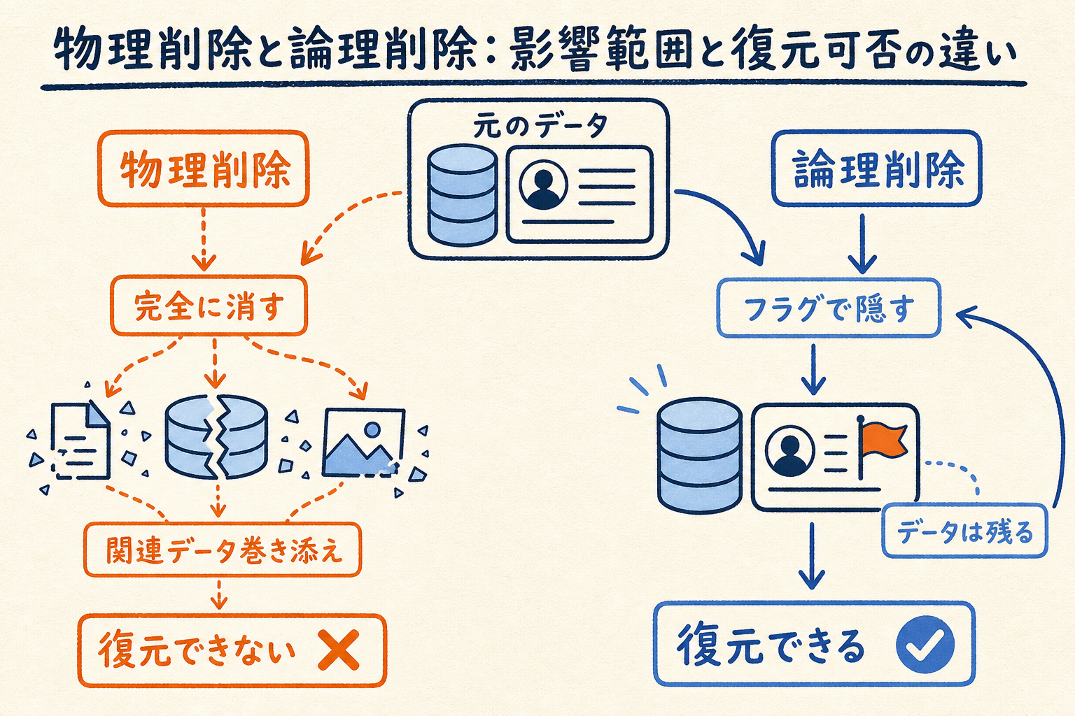 物理削除と論理削除の比較図。物理削除は関連データを巻き添えにして復元できず、論理削除はフラグで隠すため復元できることを示す図