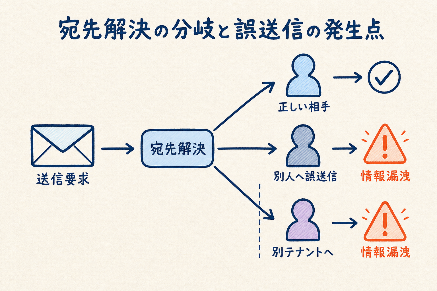 宛先解決の分岐点で、正しい相手・別人・別テナントへとメールが枝分かれし誤送信が情報漏洩につながる経路図