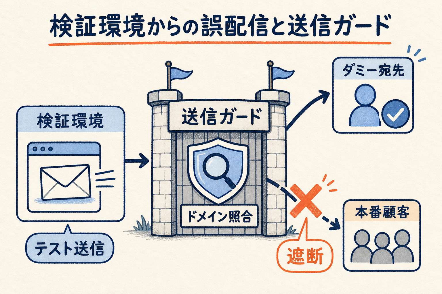 検証環境からのテスト送信を送信ガードの関門がドメイン照合で受け止め、ダミー宛先へ逃がし本番顧客への経路を遮断する図