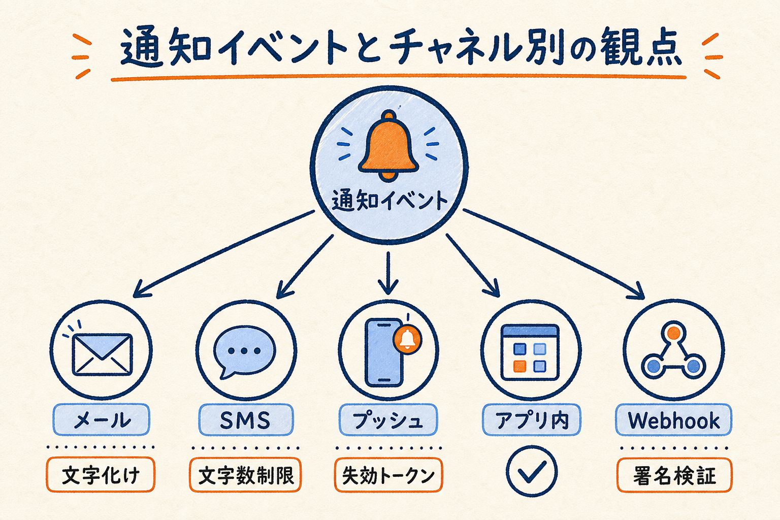 1つの通知イベントがメール・SMS・プッシュ・アプリ内・Webhookの5チャネルへ放射状に分岐し、各チャネル固有の確認観点がぶら下がる図