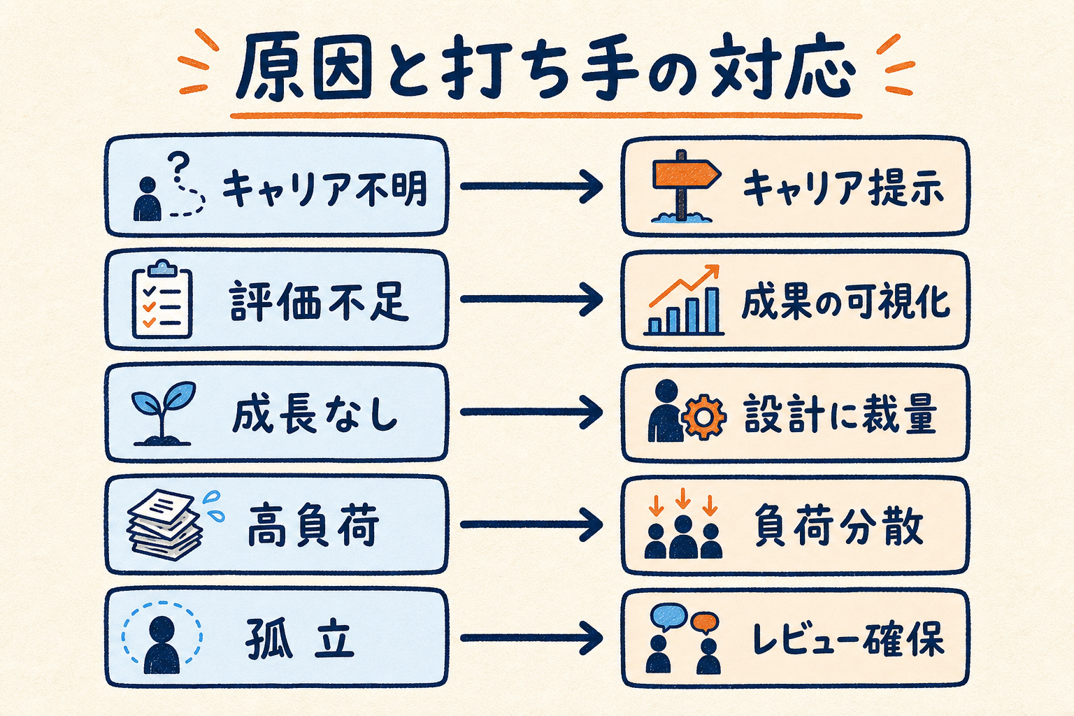 5つの離職原因と対応する5つの打ち手を1対1の矢印で結んだ対応図
