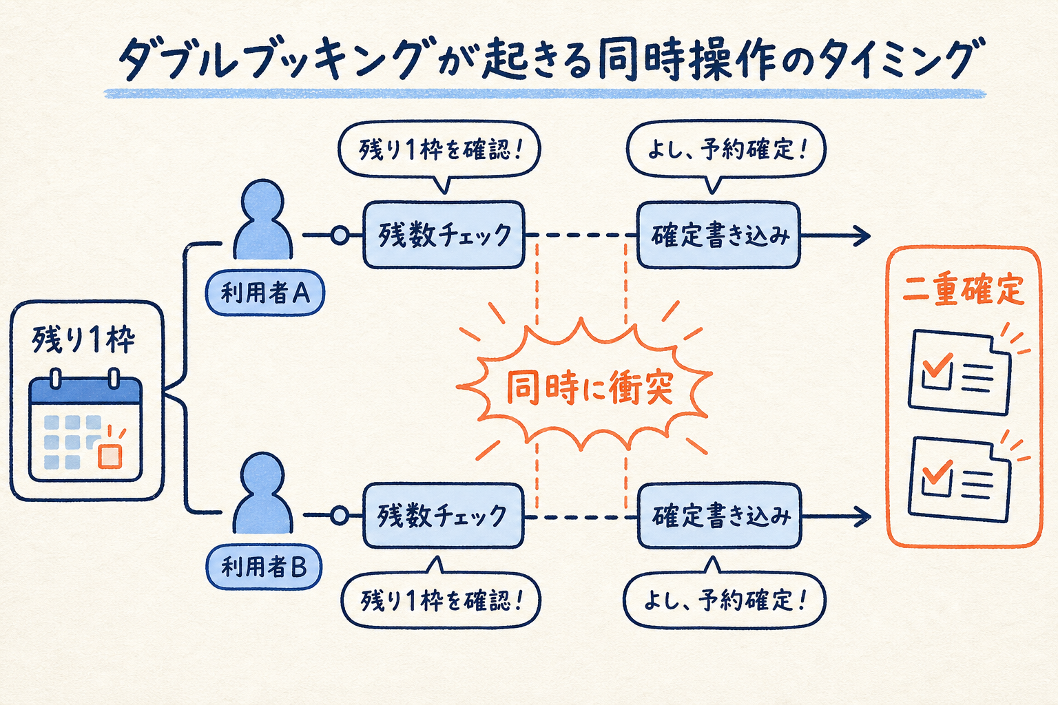 残1枠を2人の利用者が同時に取りに行きチェックと書き込みの隙間で衝突する時系列図