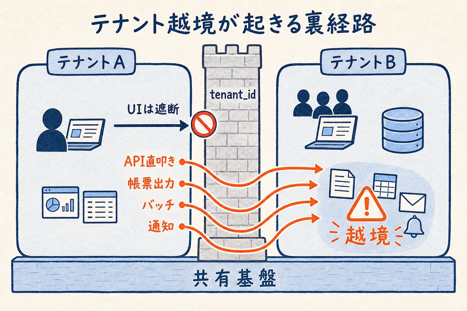 テナントAとテナントBを隔てる壁をUIは遮断するが、API直叩き・帳票出力・バッチ・通知の裏経路が壁を迂回して越境する図
