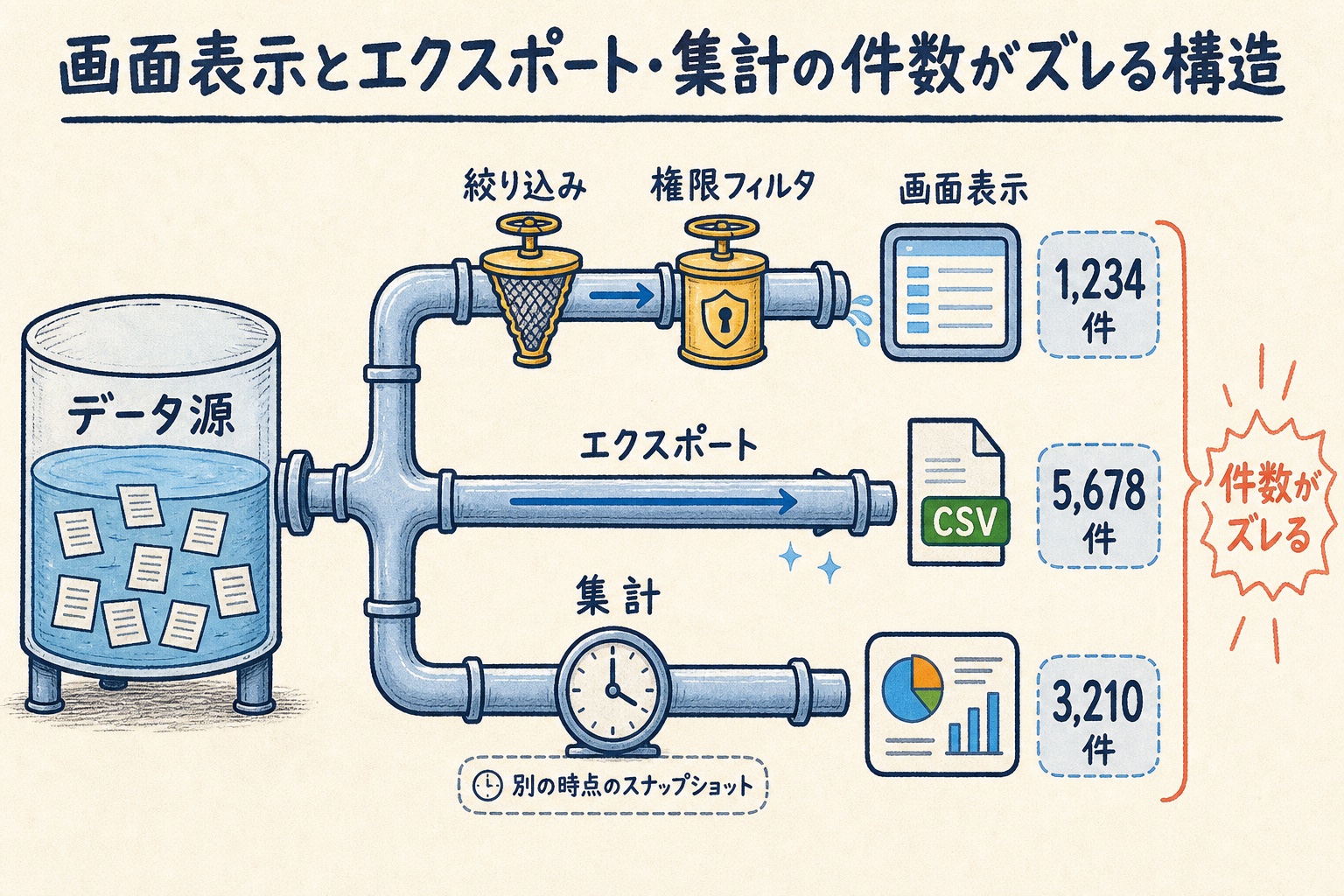 同じデータ源から画面・エクスポート・集計へ分岐する際に絞り込みや権限フィルタの抜けで件数がズレる構造図