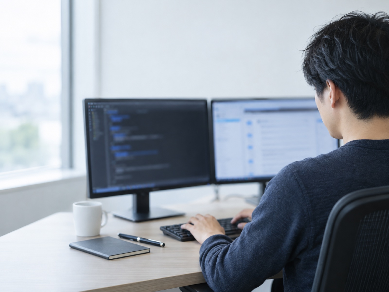 デュアルモニターでテストコードを書くエンジニア