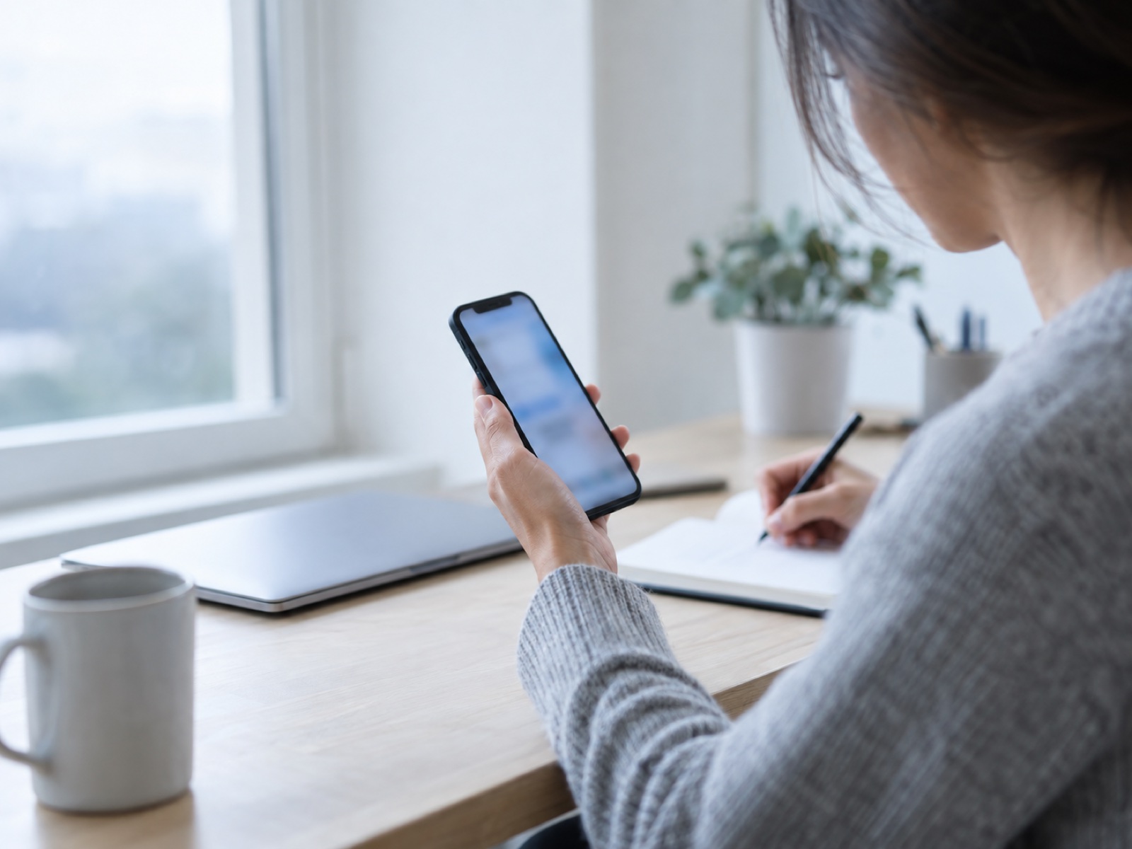 スマートフォンの使い勝手を確認しながらメモを取っている様子
