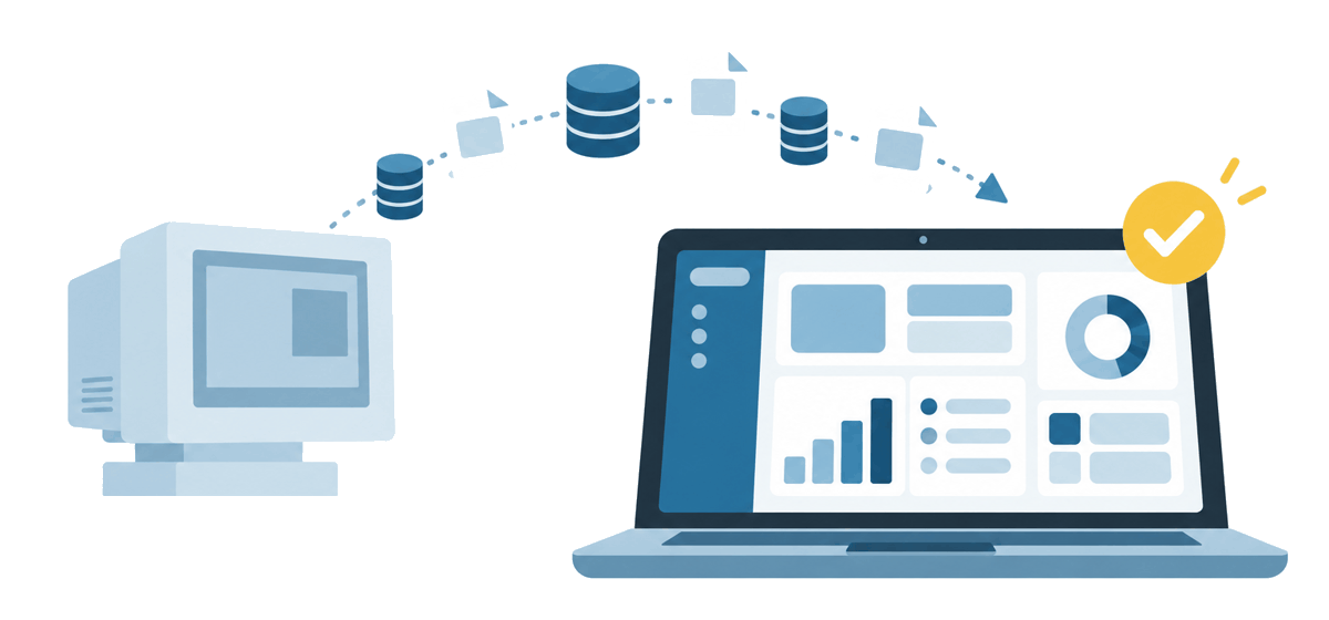 古いシステムから新しいWebシステムへデータを引き継ぐイメージ