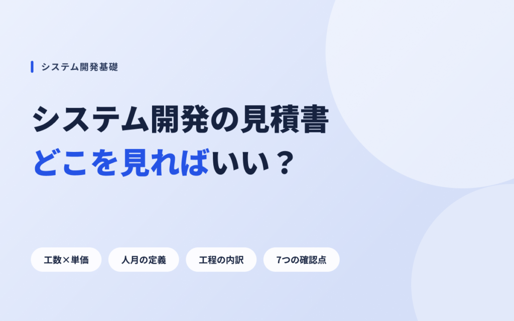 システム開発の見積書の読み方（工数×単価・人月の定義・工程の内訳・7つの確認点）を示したアイキャッチ画像